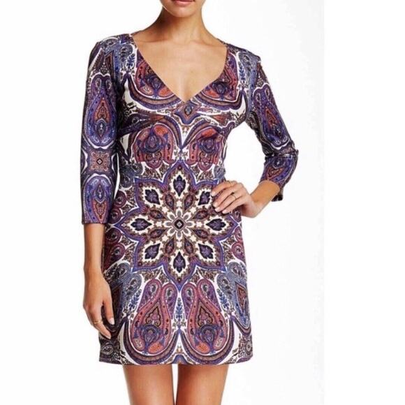 Alexia Admor Size X-Small Mini Dress Multicolor Paisley Print V-Neck Long Sleeve - Picture 1 of 8